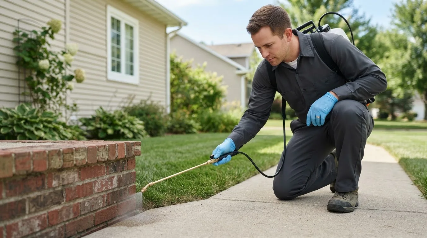 Pest control technician treating a home near Monrovia, IN
