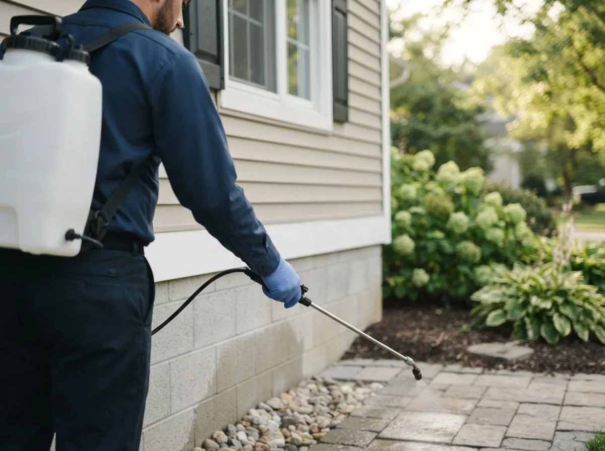 Pest control technician inspecting a home in Monrovia, IN